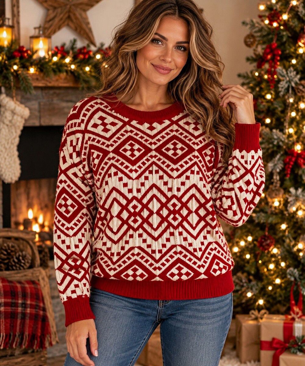 Gianni Bini Red White Geometric Tight-Knit Crew Neck Pullover Sweater L